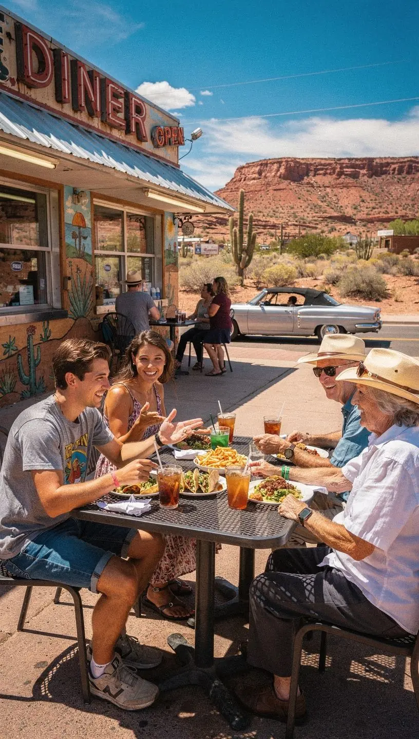 Historic desert town street lined with adobe buildings, showcasing authentic southwestern architecture and local shops.